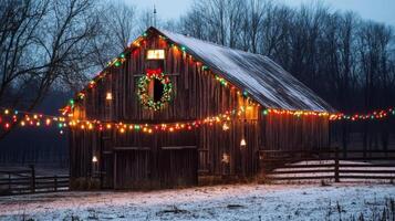 A Rustic Wooden Barn Adorned with Christmas Lights and a Wreath photo