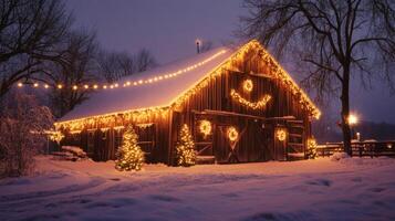 A Rustic Barn Decorated with Christmas Lights in a Snowy Landscape photo