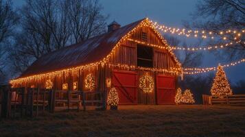 A Rustic Barn Adorned with Christmas Lights and Wreaths photo