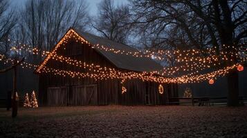 A Rustic Barn Decorated with Christmas Lights in the Woods at Night photo