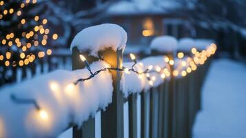 String of lights draped over a snowy fence at dusk photo