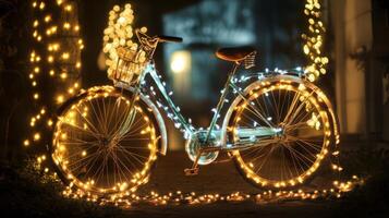 A Bicycle Adorned with String Lights in a Nighttime Setting photo