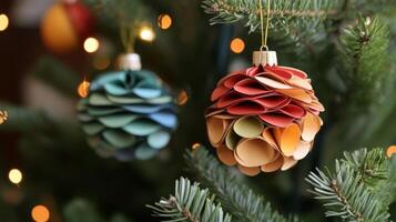 Paper Christmas Ornaments Hanging on a Christmas Tree photo