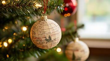 A Vintage Globe-Patterned Christmas Ornament Hanging on a Christmas Tree photo