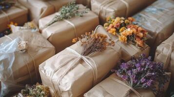 Rustic Brown Paper Packages Decorated with Dried Flowers photo