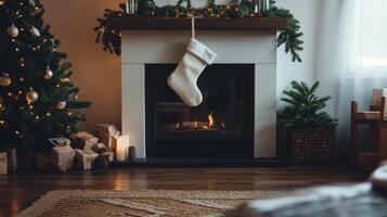 Cozy Christmas Fireplace with Stocking and Decorated Tree photo