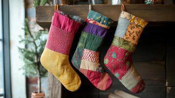 Three Patchwork Christmas Stockings Hanging on a Mantel photo