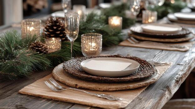Rustic Table Setting with White Plate and Twigs photo