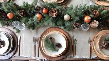 Rustic Christmas Table Setting with Pine Garland and Ornaments photo