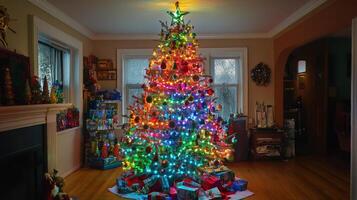 Decorated Christmas Tree with Rainbow Lights and Presents photo