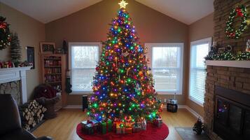 Decorated Christmas Tree with Presents and Lights in a Living Room photo