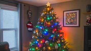 Decorated Christmas Tree in a Living Room with Ornaments and Lights photo