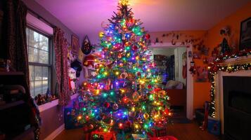 A Festive Christmas Tree Adorned with Lights and Ornaments in a Cozy Living Room photo