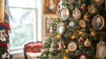 Christmas Tree Decorated with Vintage Portraits and Ornaments photo