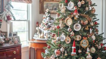 Christmas Tree Decorated with Vintage Ornaments and Lights photo