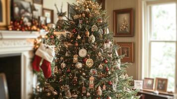 A Decorated Christmas Tree with Vintage Ornaments and Lights photo