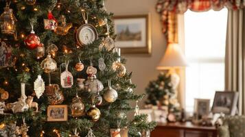Decorated Christmas Tree with Vintage Ornaments and Lights photo