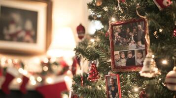 Christmas Tree Decorated with Family Photos and Ornaments