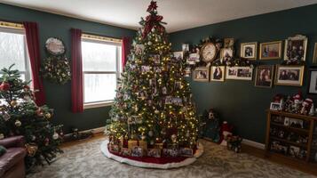 Decorated Christmas Tree with Family Photos and Ornaments