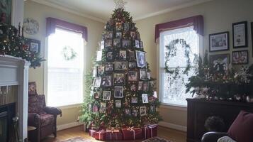 A Christmas Tree Decorated with Family Photos