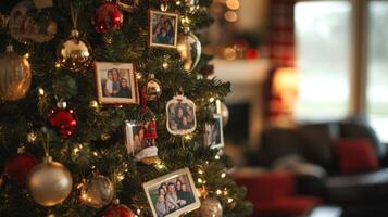 Christmas tree decorated with family photos, ornaments, and lights photo