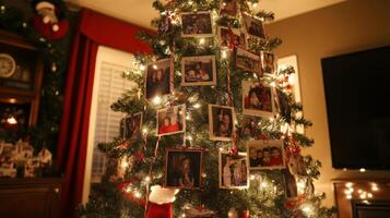 Christmas Tree Adorned with Family Photos and Lights