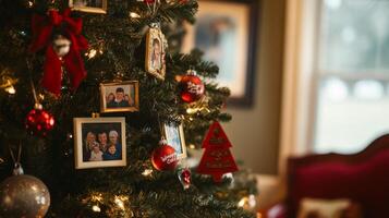 A Close-Up of a Christmas Tree Decorated with Family Photos and Ornaments
