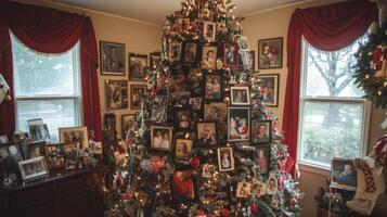 Christmas Tree Decorated with Family Photos and Ornaments