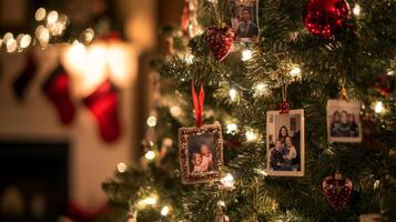 Decorated Christmas Tree with Family Photos as Ornaments
