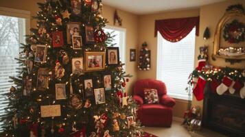 Christmas Tree Decorated with Family Photos and Ornaments