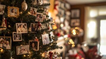 Christmas Tree Decorated with Family Photos and Ornaments