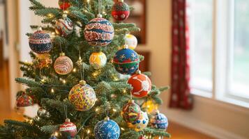 Close-up of a Christmas tree decorated with colorful ornaments photo