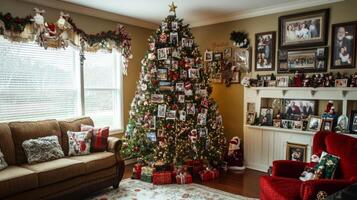A Christmas Tree Adorned with Family Photos in a Living Room
