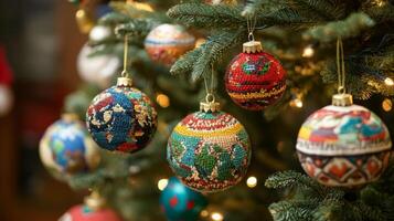 Close-up of Colorful Ornate Christmas Ornaments Hanging on a Green Christmas Tree photo