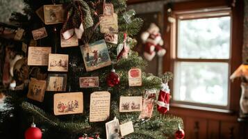 Vintage Christmas Tree Decorated with Old Photos and Handwritten Notes