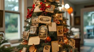 A Christmas Tree Adorned With Vintage Postcards and Ornaments photo