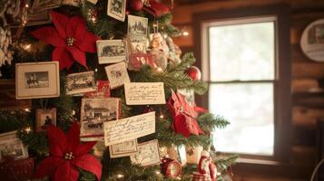 A Vintage Christmas Tree Adorned with Old Photos and Handwritten Notes