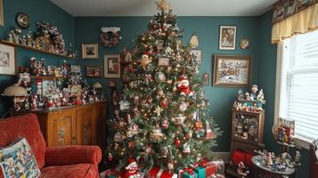 A Christmas Tree Adorned with Ornaments and Decorated with Lights in a Teal Room photo