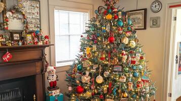 Decorated Christmas Tree with Vintage Ornaments in a Room photo