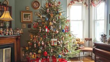 A Christmas Tree Adorned with Vintage Ornaments in a Traditional Home Setting photo