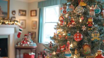 Close-up of a Christmas Tree Adorned with Vintage Ornaments and Lights photo