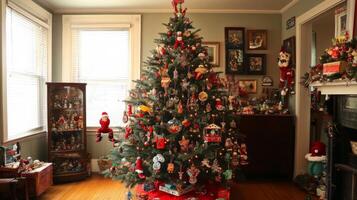 A Christmas Tree Adorned with Vintage Ornaments and Decorations photo