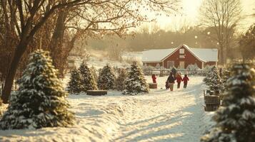 Family walking through a snowy Christmas tree farm towards a red barn photo