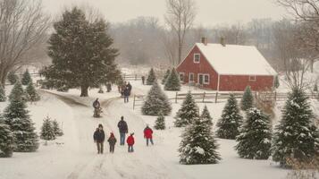 Family Choosing a Christmas Tree in a Snowy Winter Wonderland photo