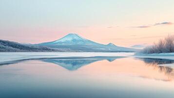 A Serene Reflection of Mount Fuji at Sunrise over a Frozen Lake photo