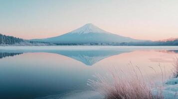 Mount Fuji Reflected in a Frozen Lake at Sunrise photo