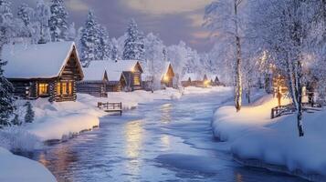Snowy Winter Village with Illuminated Log Cabins by a River photo