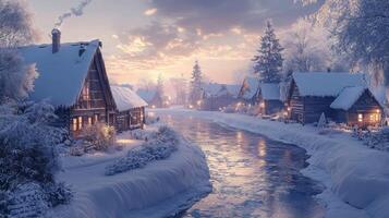 A snowy winter scene with wooden houses by a frozen river photo