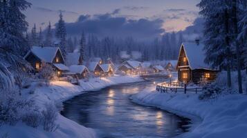 Winter Village Scene with Snowy Cabins and a Frozen River photo