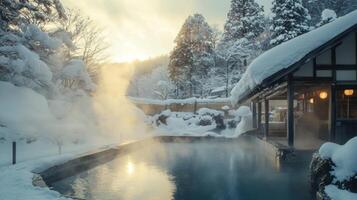 A steaming hot spring pool in a snowy Japanese forest with a wooden building photo